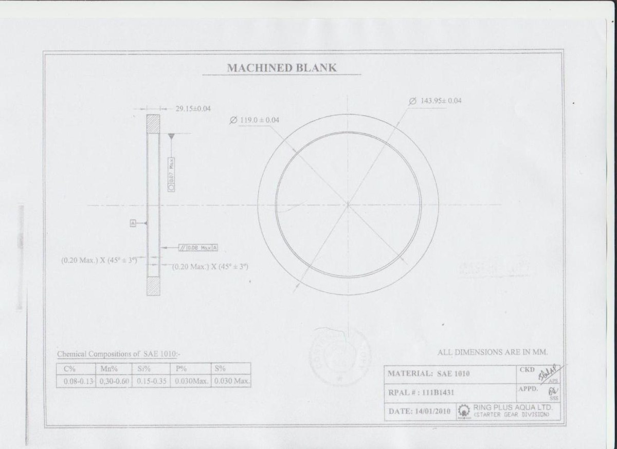 Customer drawing RPAL 111B1431, machined blank, outer diameter 143.95 mm, inner diameter 119.0 mm, thickness 29.15 mm, material SAE 1010