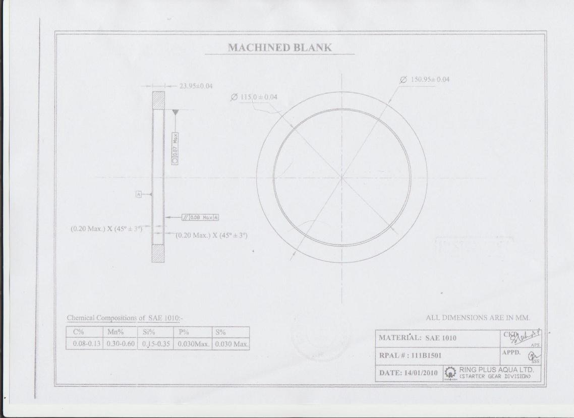 Customer drawing RPAL 111B1501, machined blank, outer diameter 150.95 mm, inner diameter 115.0 mm, thickness 23.95 mm, material SAE 1010