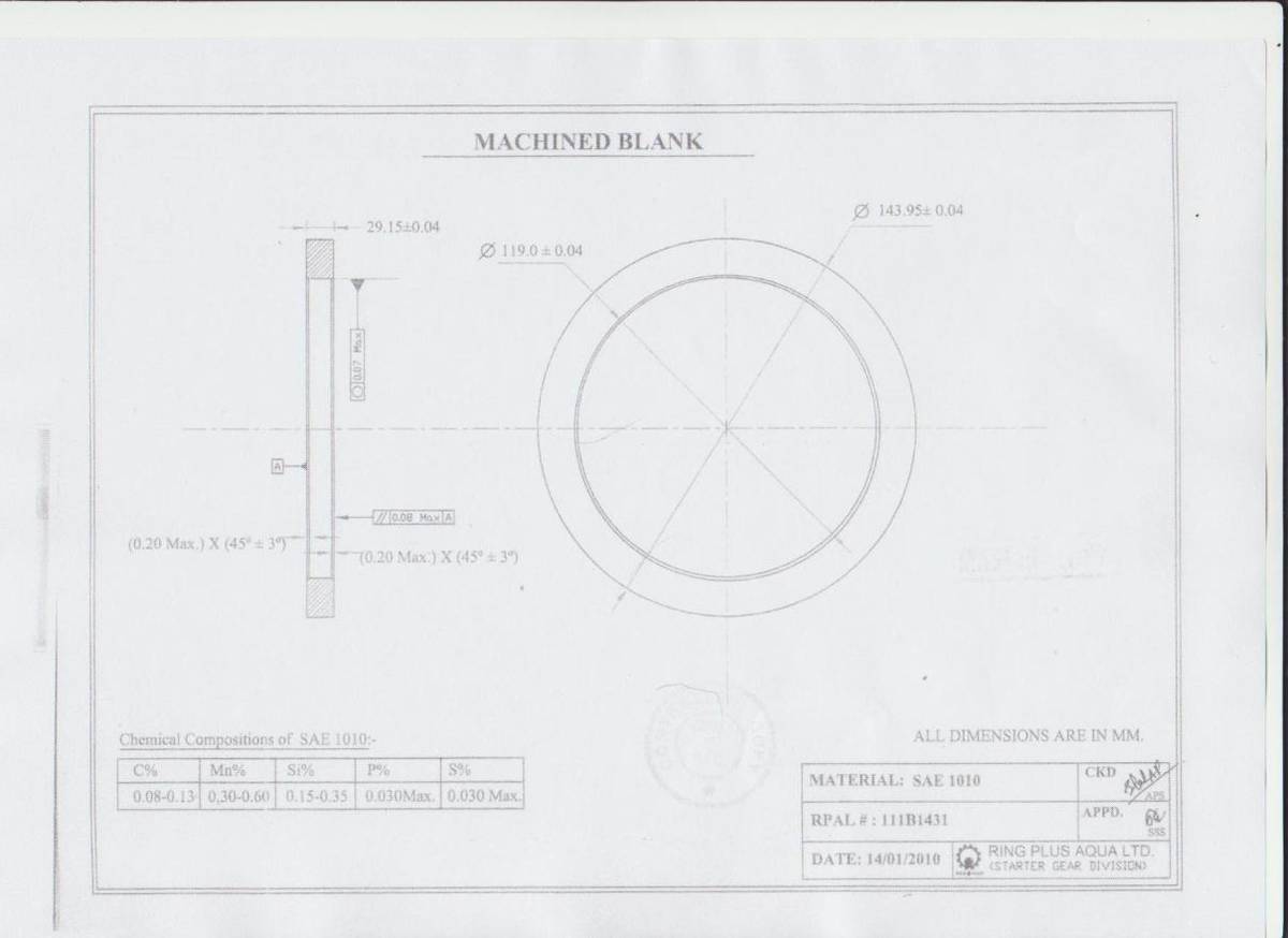 Engineering drawing RPAL 111B1431 for a machined ring gear blank, SAE 1010, outside diameter 143.95 mm