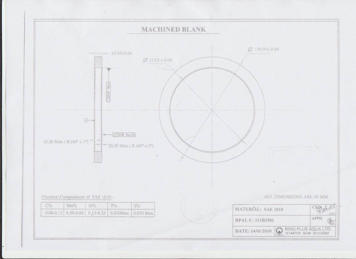 Engineering drawing RPAL 111B1501 for a second ring gear blank size, SAE 1010, outside diameter 150.95 mm